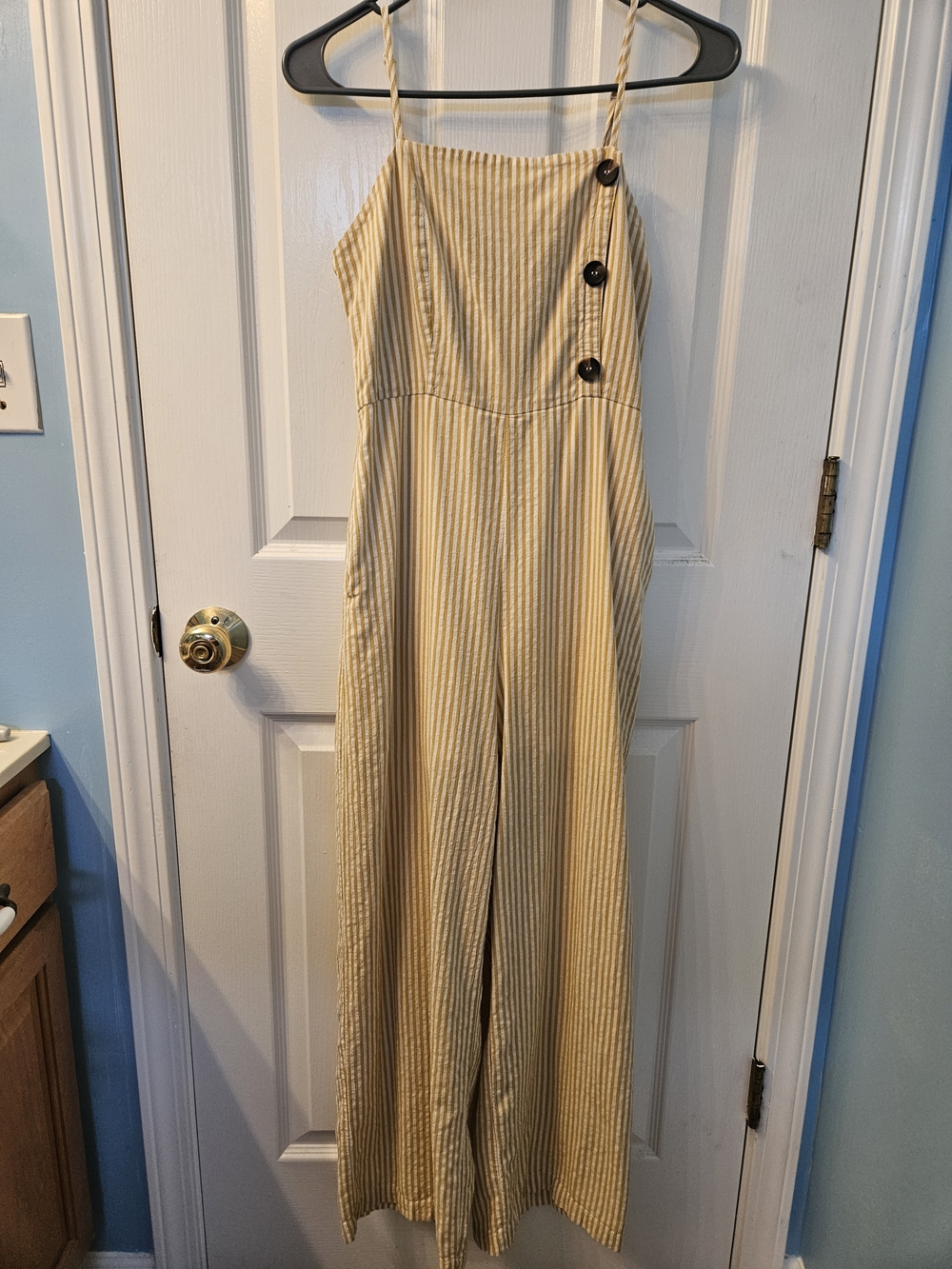 Altar'd State Cream and Mustard Striped Jumpsuit with Side Pockets